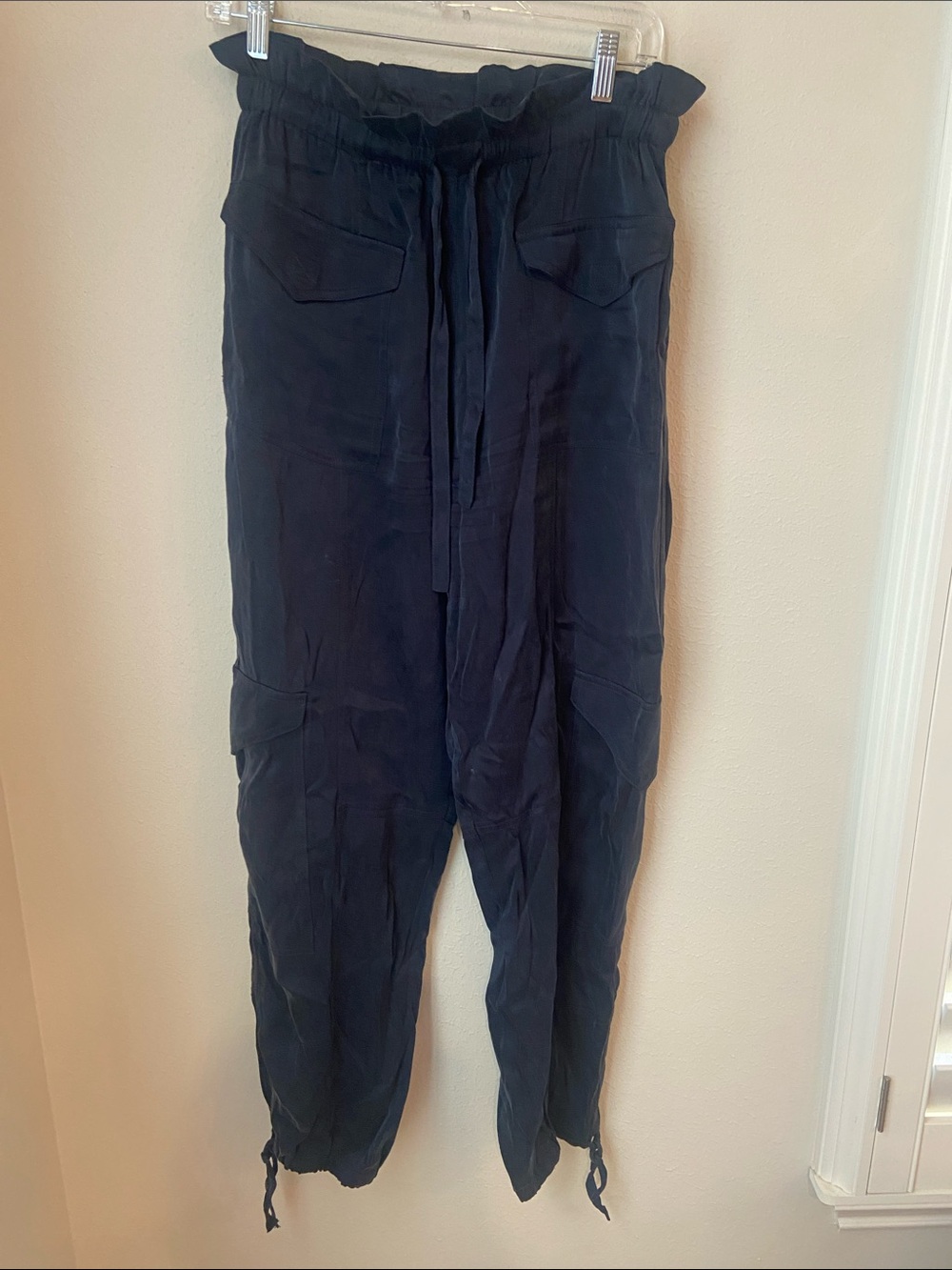 Ganni Washed Twill Satin Cargo Jogger Pants Black Paperbag Waist Size S - Picture 3 of 8